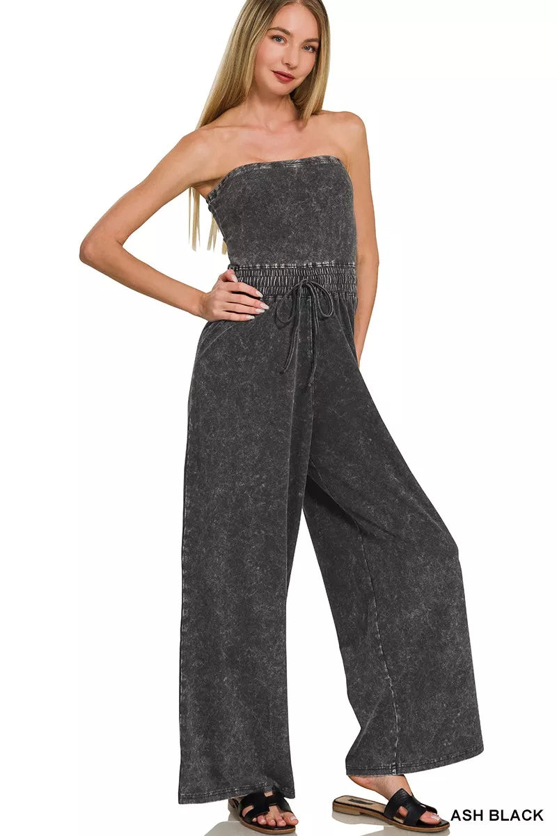 Zenana Acid Washed Strapless Tube Jumpsuit