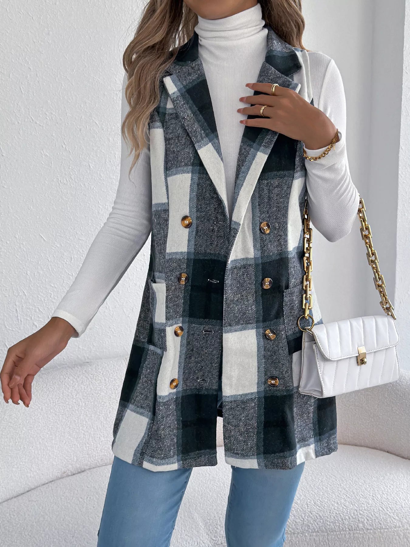 Women's Plaid Double-Breasted Vest Coat in Camel and White