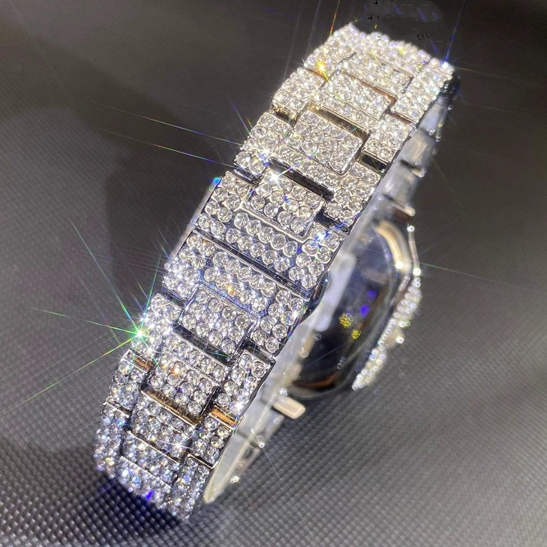 Men's Watch Square-shaped Fully Diamond-encrusted Multi-functional