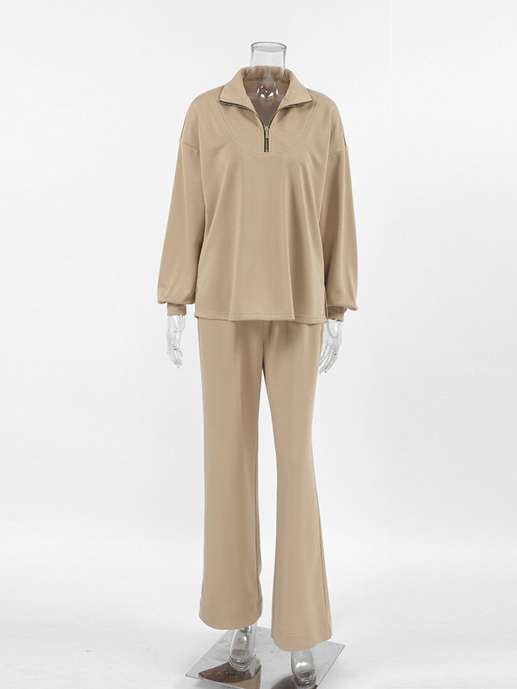 Women's Quarter Zip Long Sleeve Top & Wide Leg Pants Set Beige