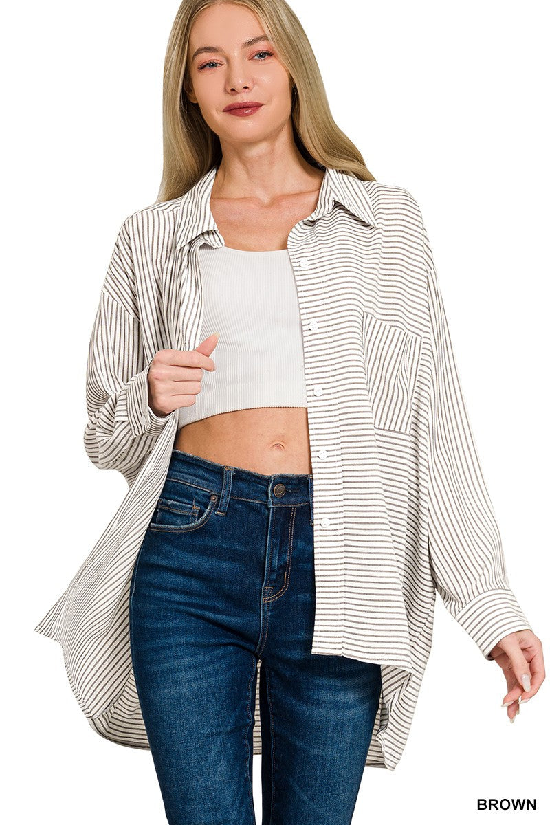Woven Stripe Button Down Shirt – Classic Long Sleeve Casual Top
