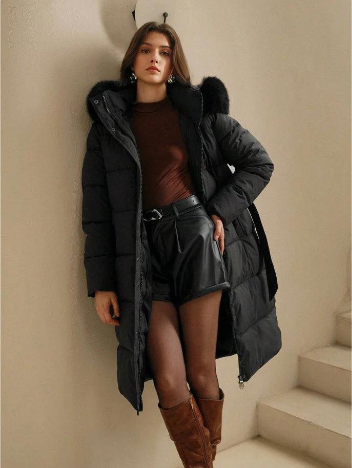 Anewsta Women's Solid Color Long Sleeve Zip Up Hooded Padded Coat With Faux Fur Trim