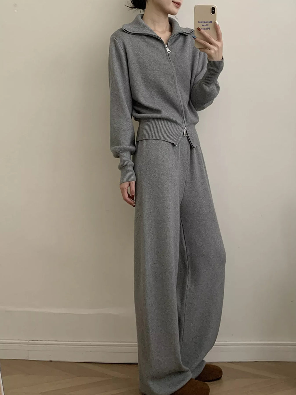 Women's Zip Up Collared Loungewear Set with Wide Leg Pants