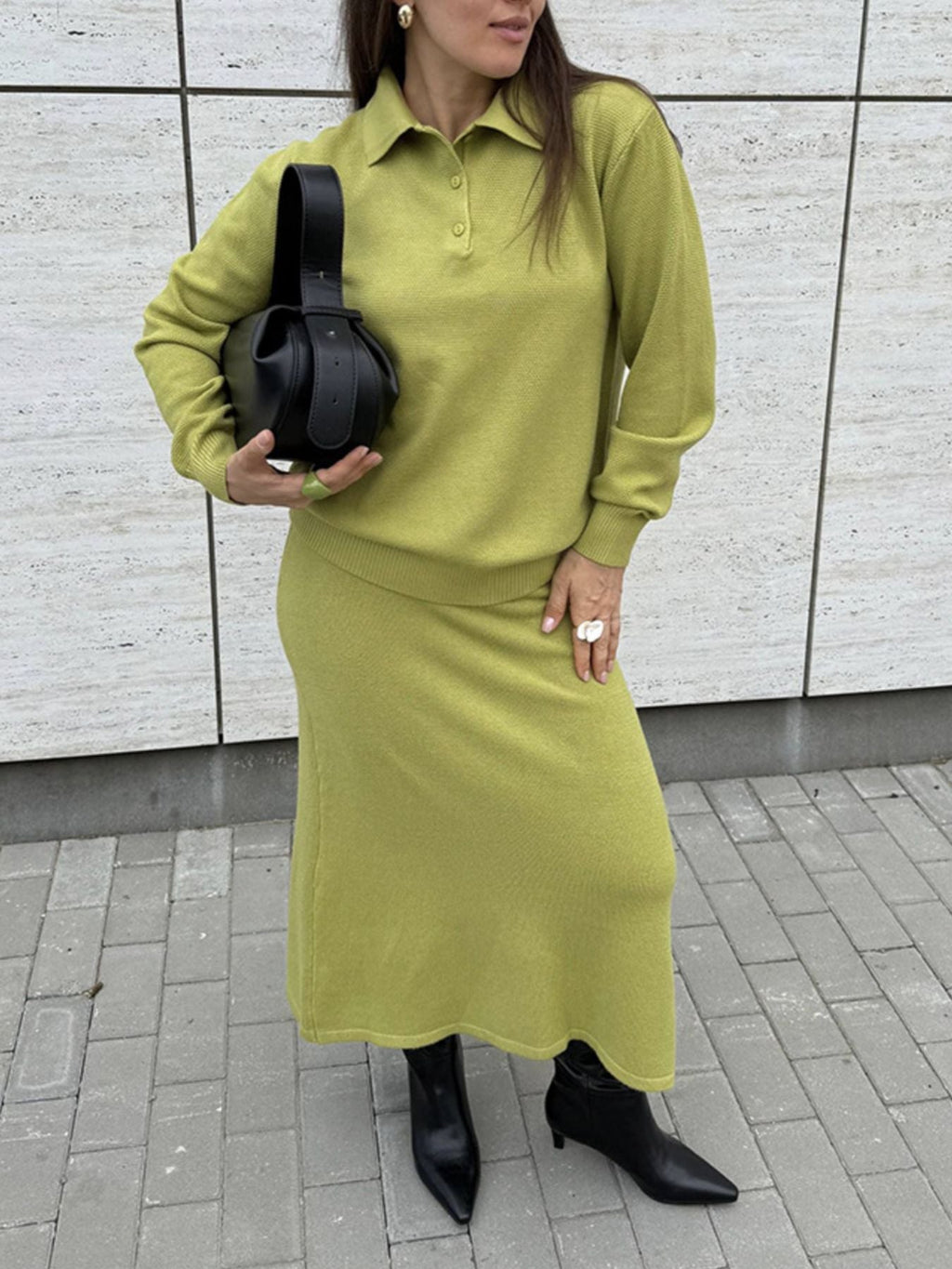 Women's Knit Polo Top and Wide Leg Pants Two-Piece Set