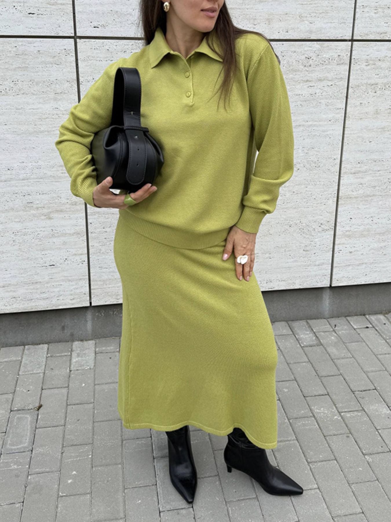 Women's Knit Polo Top and Wide Leg Pants Two-Piece Set