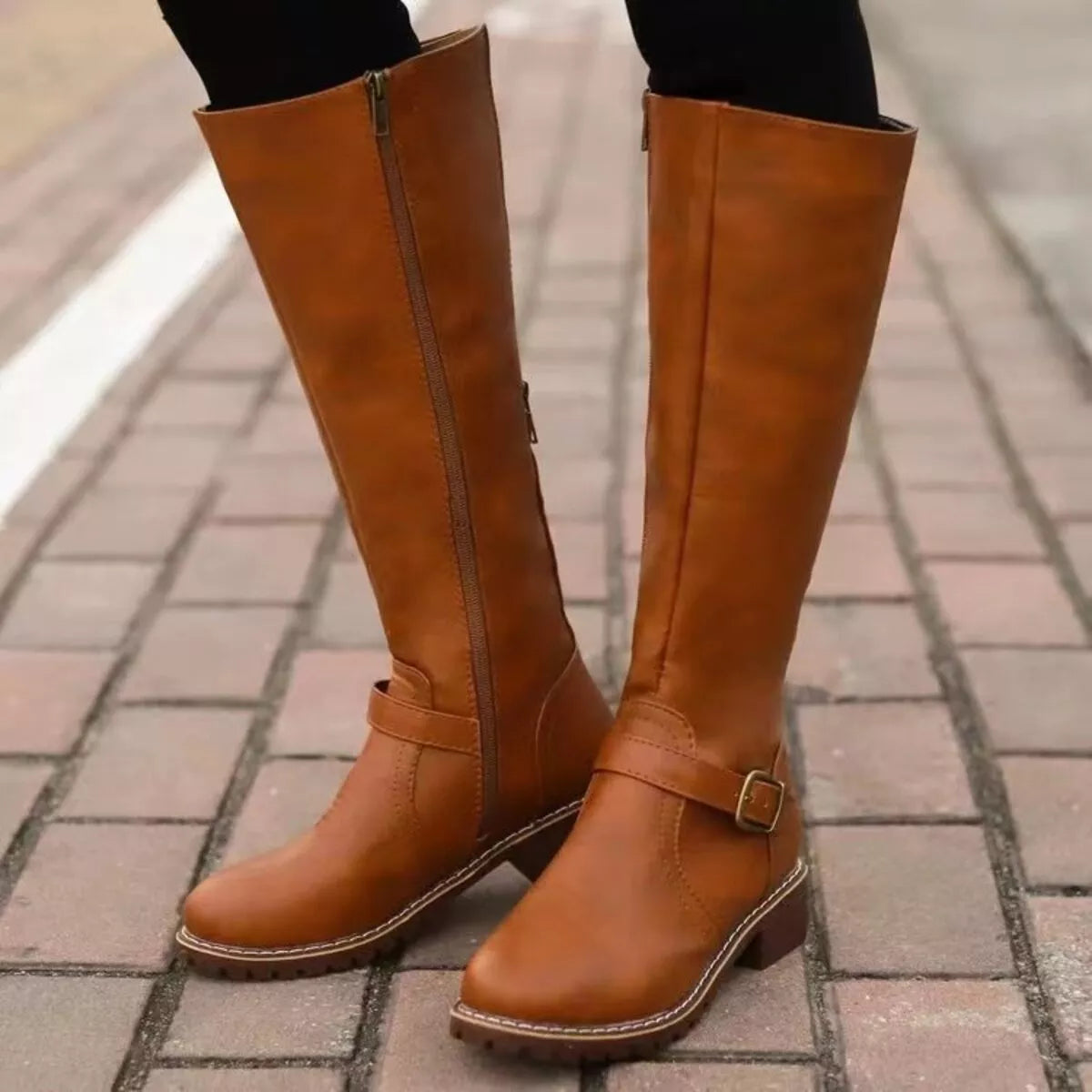 Women's Round Toe Knee High Buckle Boots Low Heel Fashion