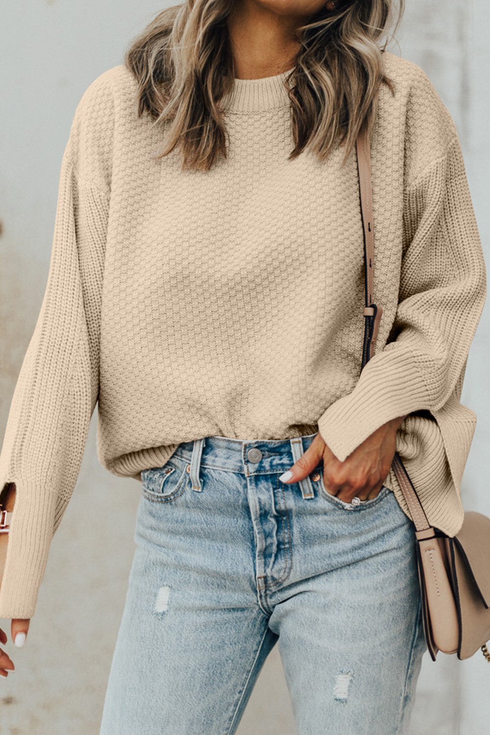 Parchment Knit Women's Top with Solid Textured Design and Split Cuff Drop Shoulder