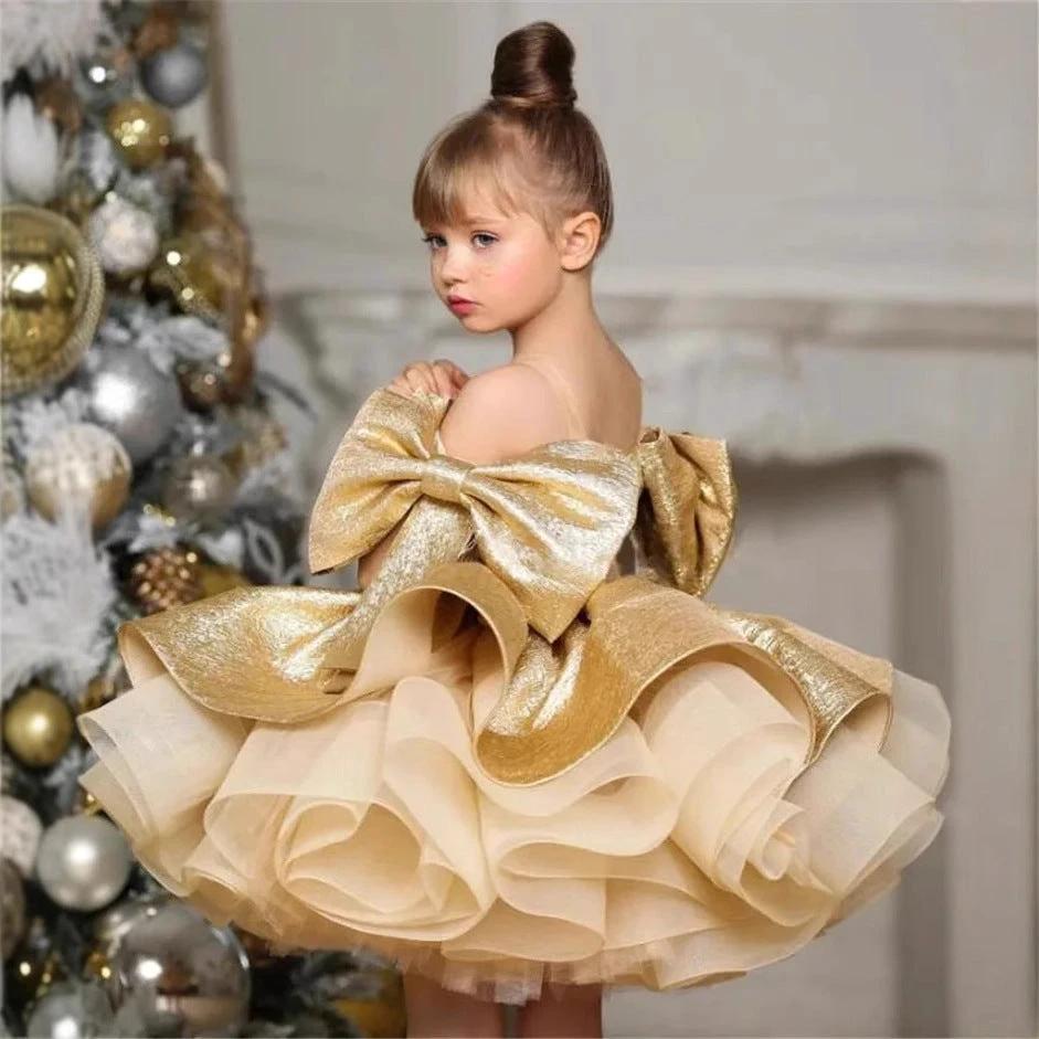 New Gold Satin One Year Old Celebration Dress Western Style Baby Girl Princess Dress
