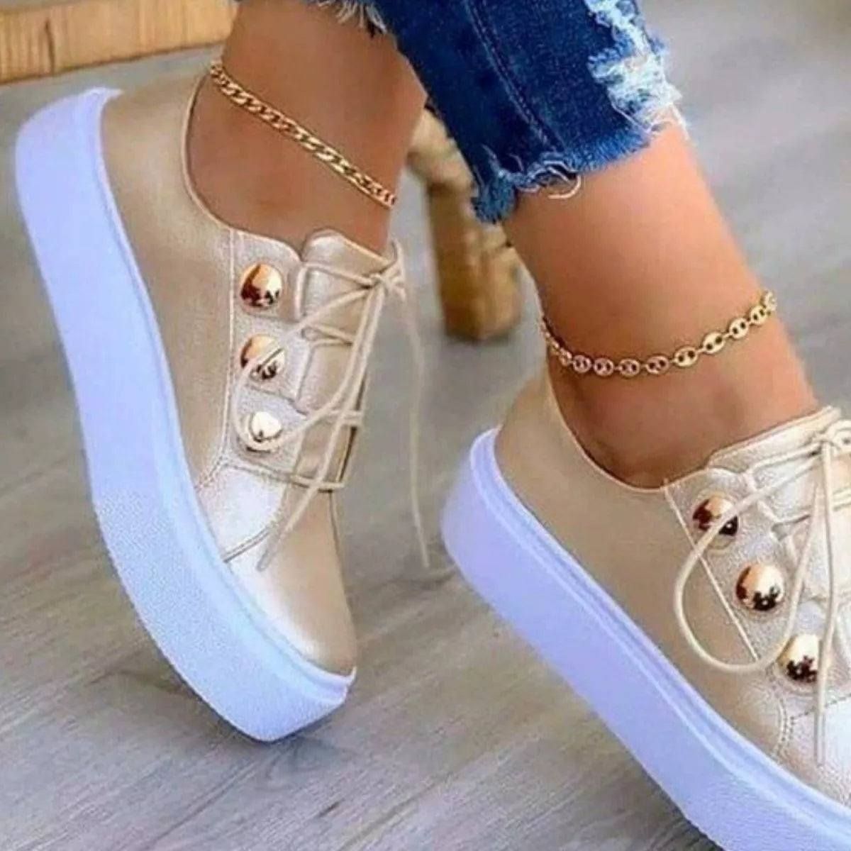 Women's Black Platform Sneakers with Gold Button Details