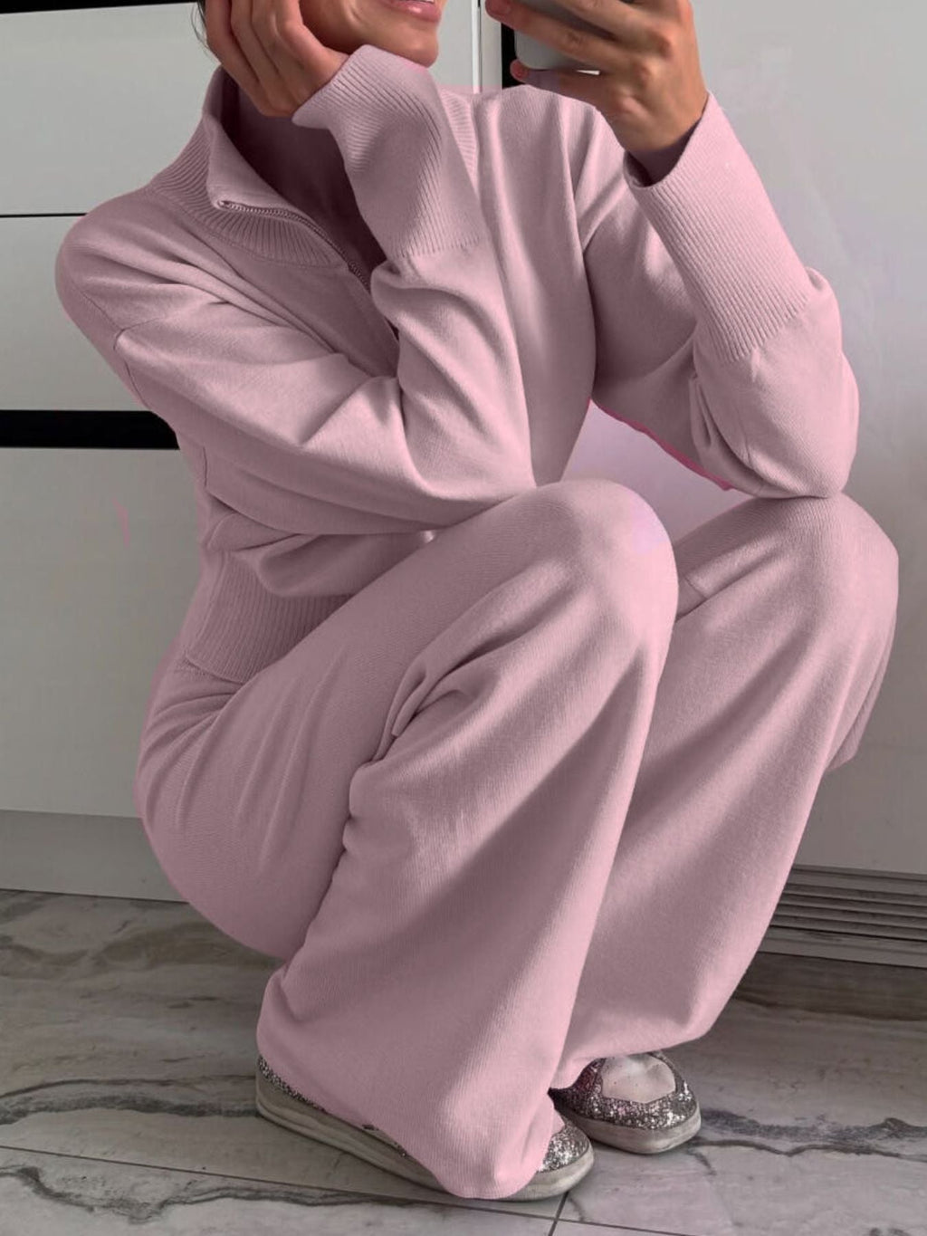 Women's Zip Up Collared Loungewear Set with Wide Leg Pants
