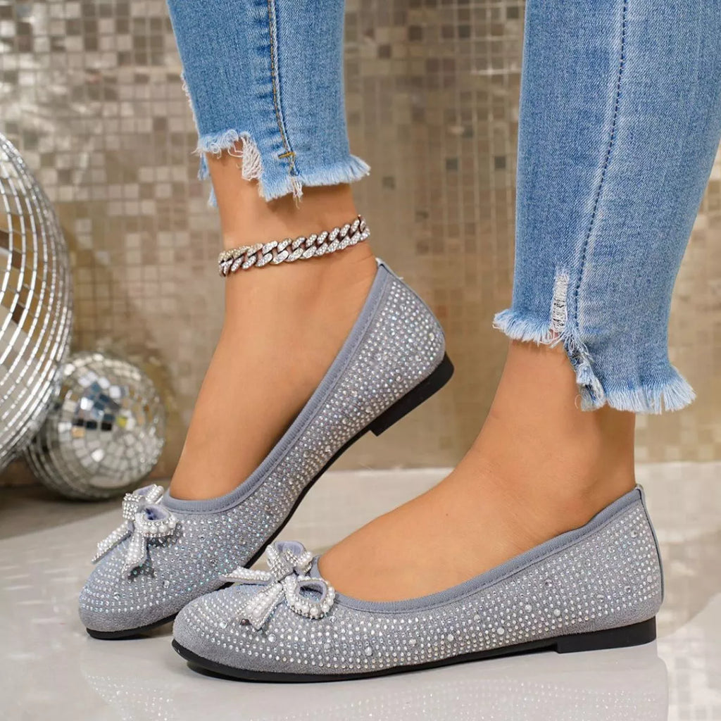 Rhinestone Bow Accent Slip-On Flats in Black and Gray
