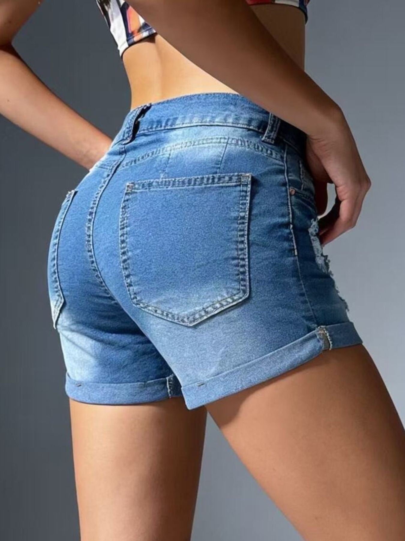 Women's Distressed Wash Denim Shorts with Cuffed Hem Details