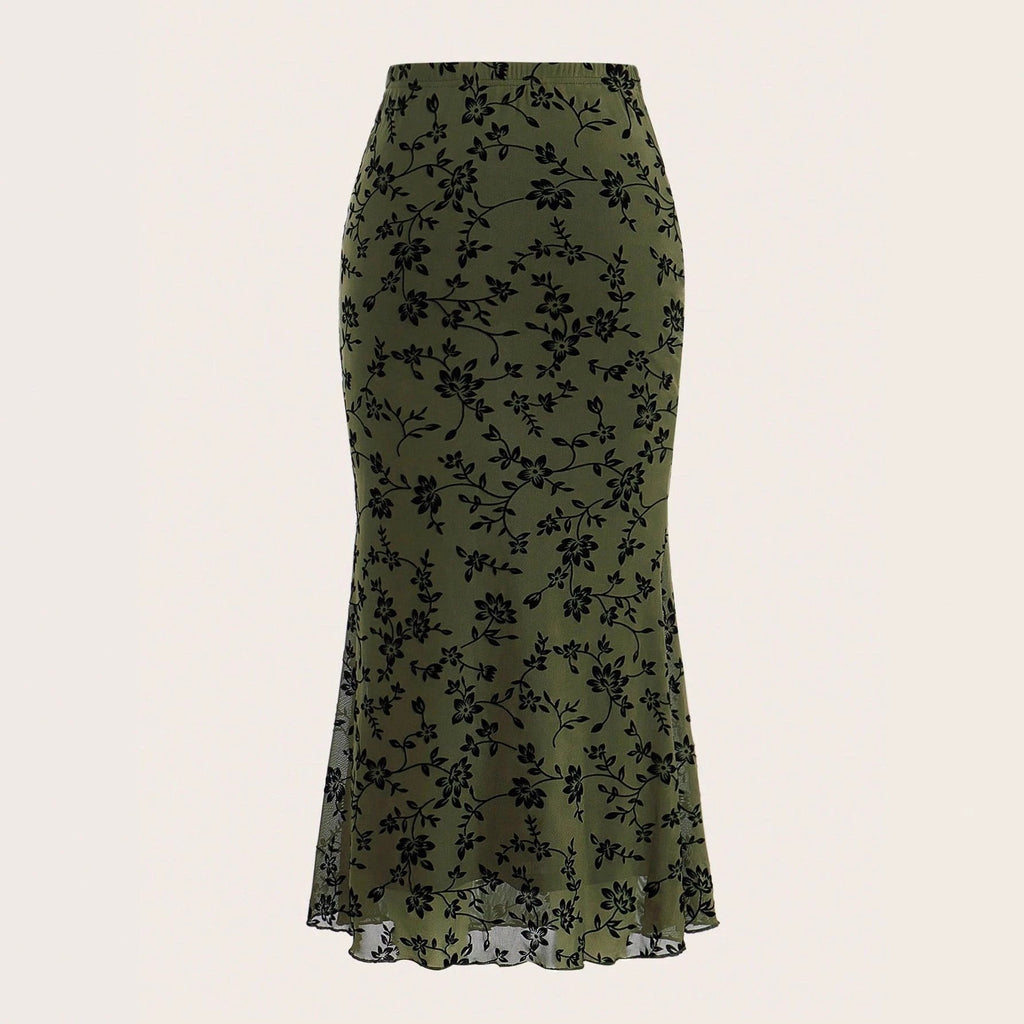 Dark Green Floral Half-length Fishtail Skirt For Women