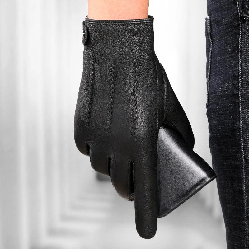 Fleece-lined Thickened Leather Gloves For Men