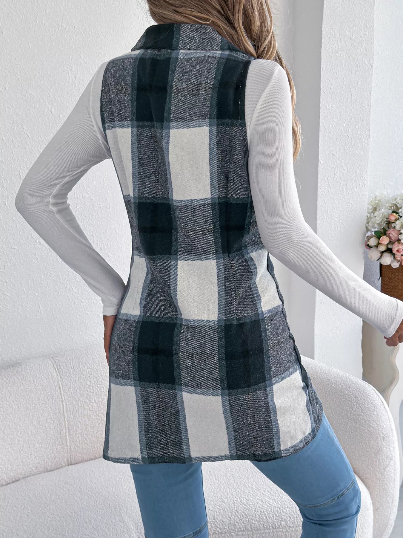 Women's Plaid Double-Breasted Vest Coat in Camel and White