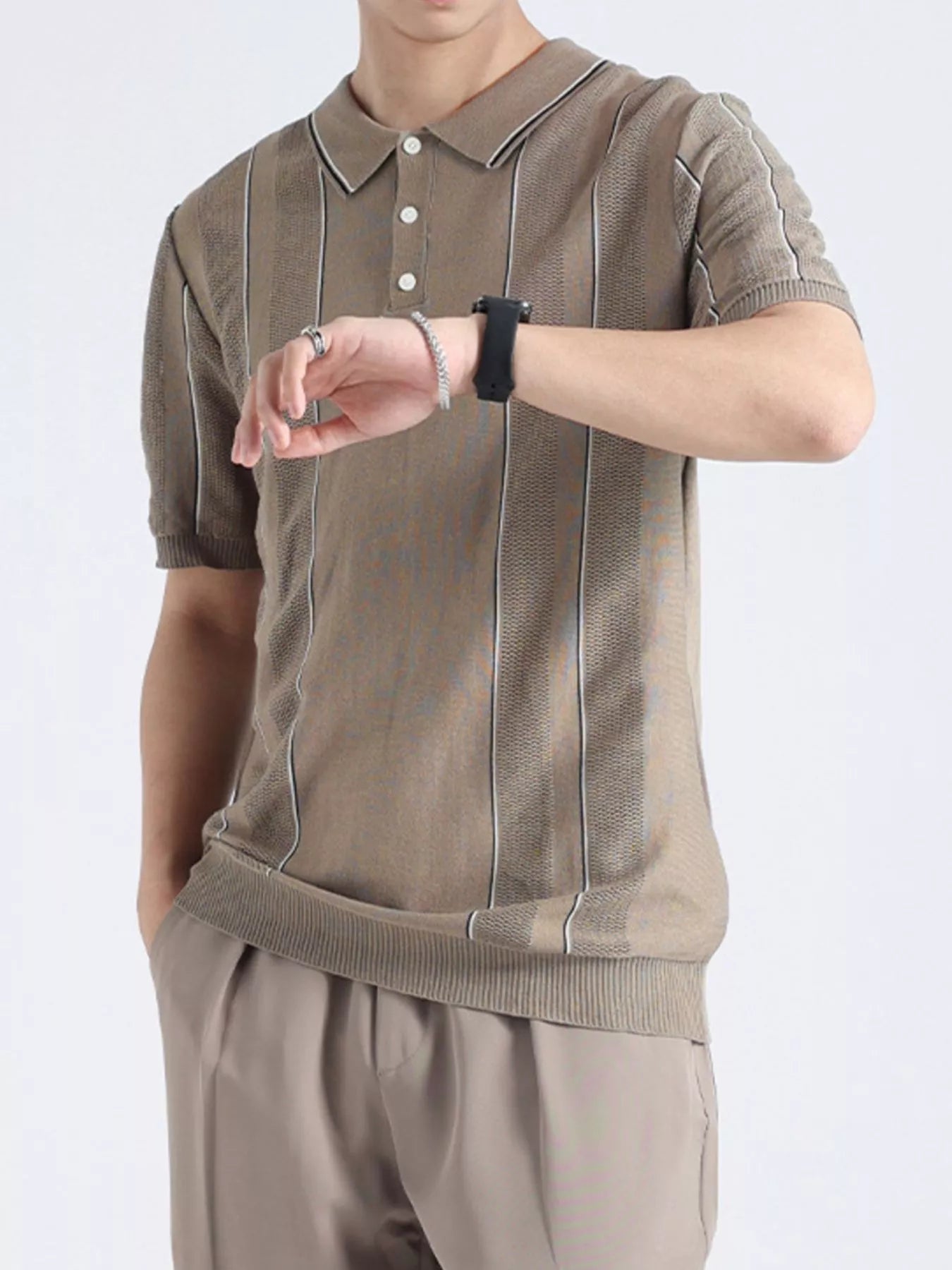 Men's Plus Size Striped Knit Short Sleeve Polo