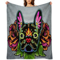 Day of The Dead French Bulldog in Black Sugar Skull Dog Throw Blanket