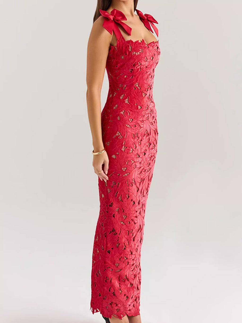 Black Lace Maxi Dress with Tie Shoulder Detail