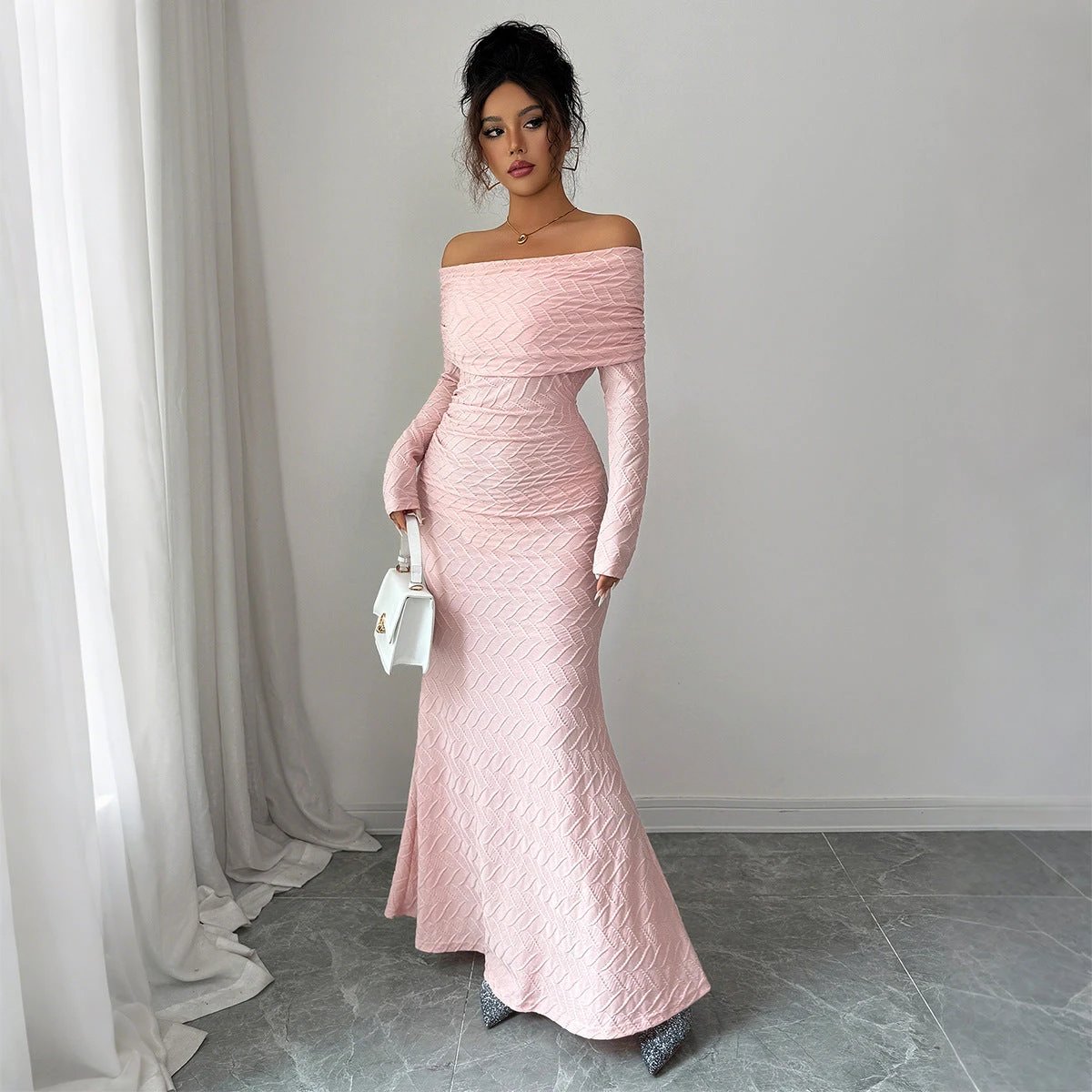 Elegant Simple Off-shoulder Long Sleeve Dress Women's Clothing
