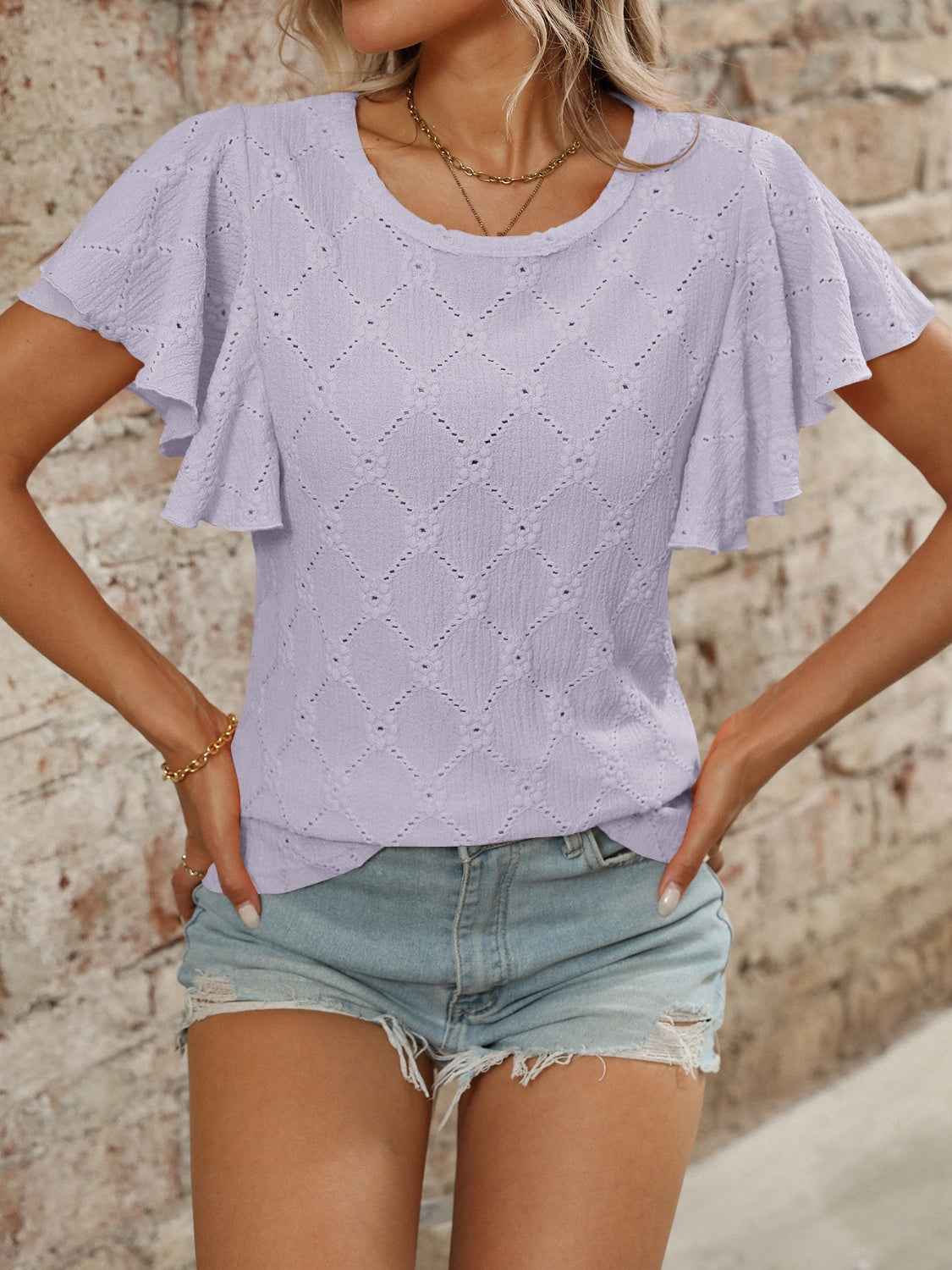 Eyelet Flutter Sleeve Round Neck Top