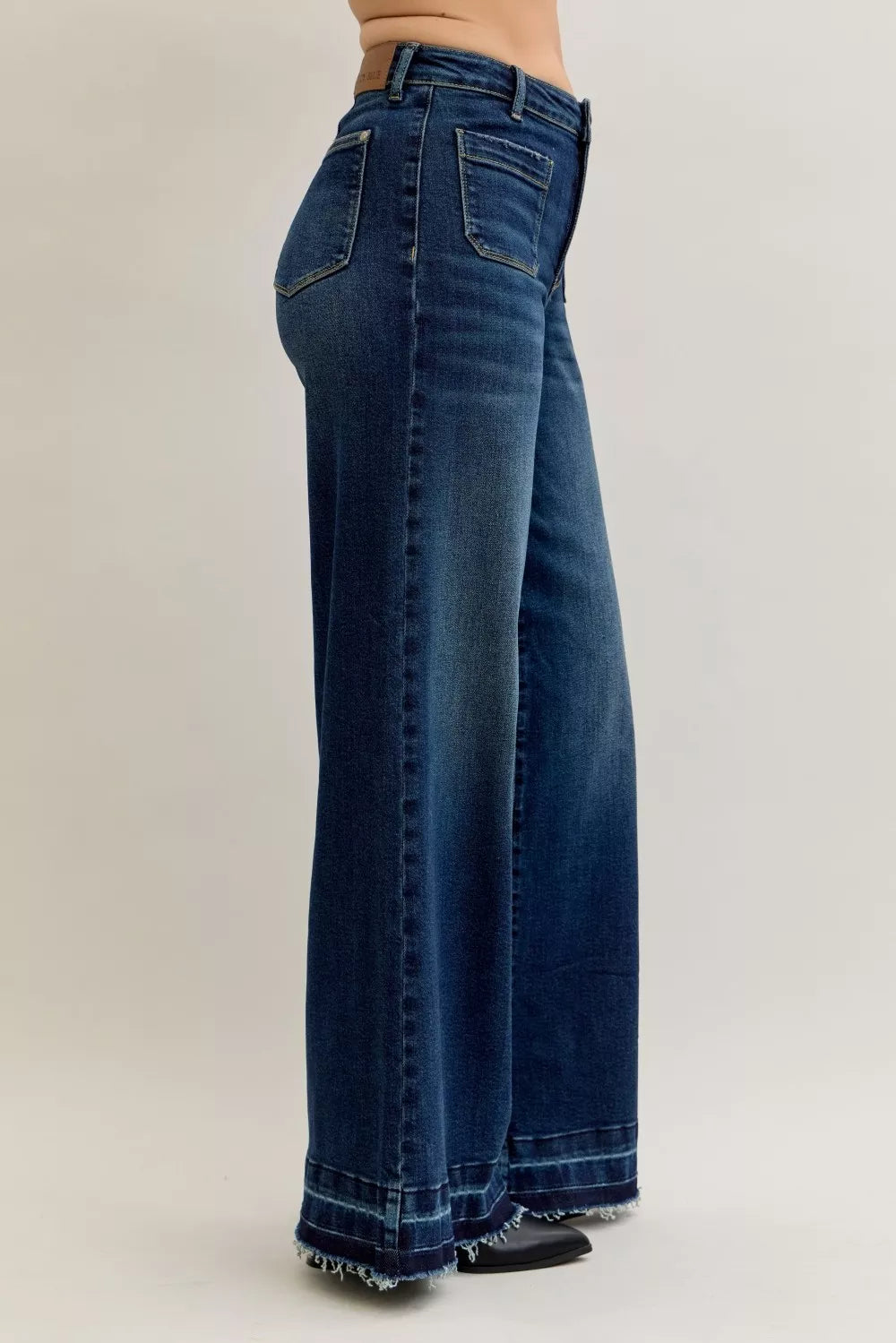 Judy Blue High Waist Palazzo Jeans With Front Patch Pockets Flattering Stretchy Denim For Women
