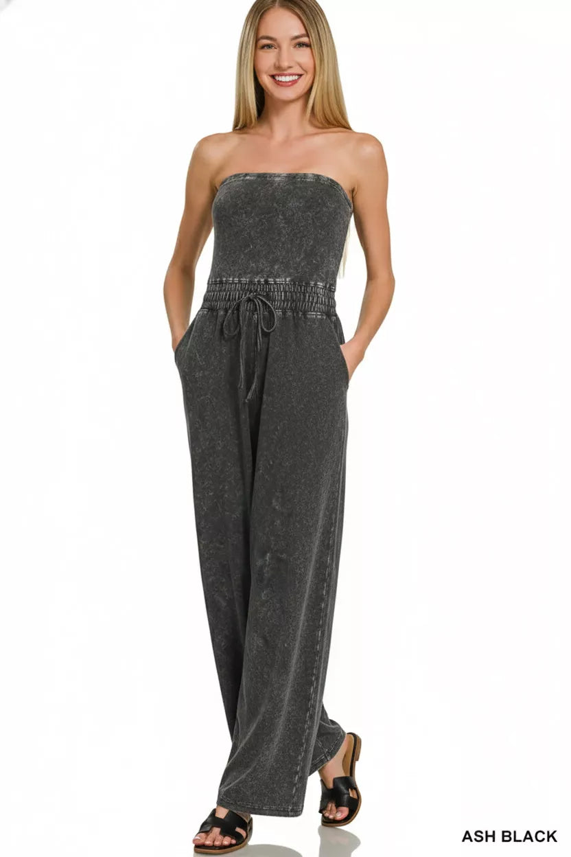 Zenana Acid Washed Strapless Tube Jumpsuit