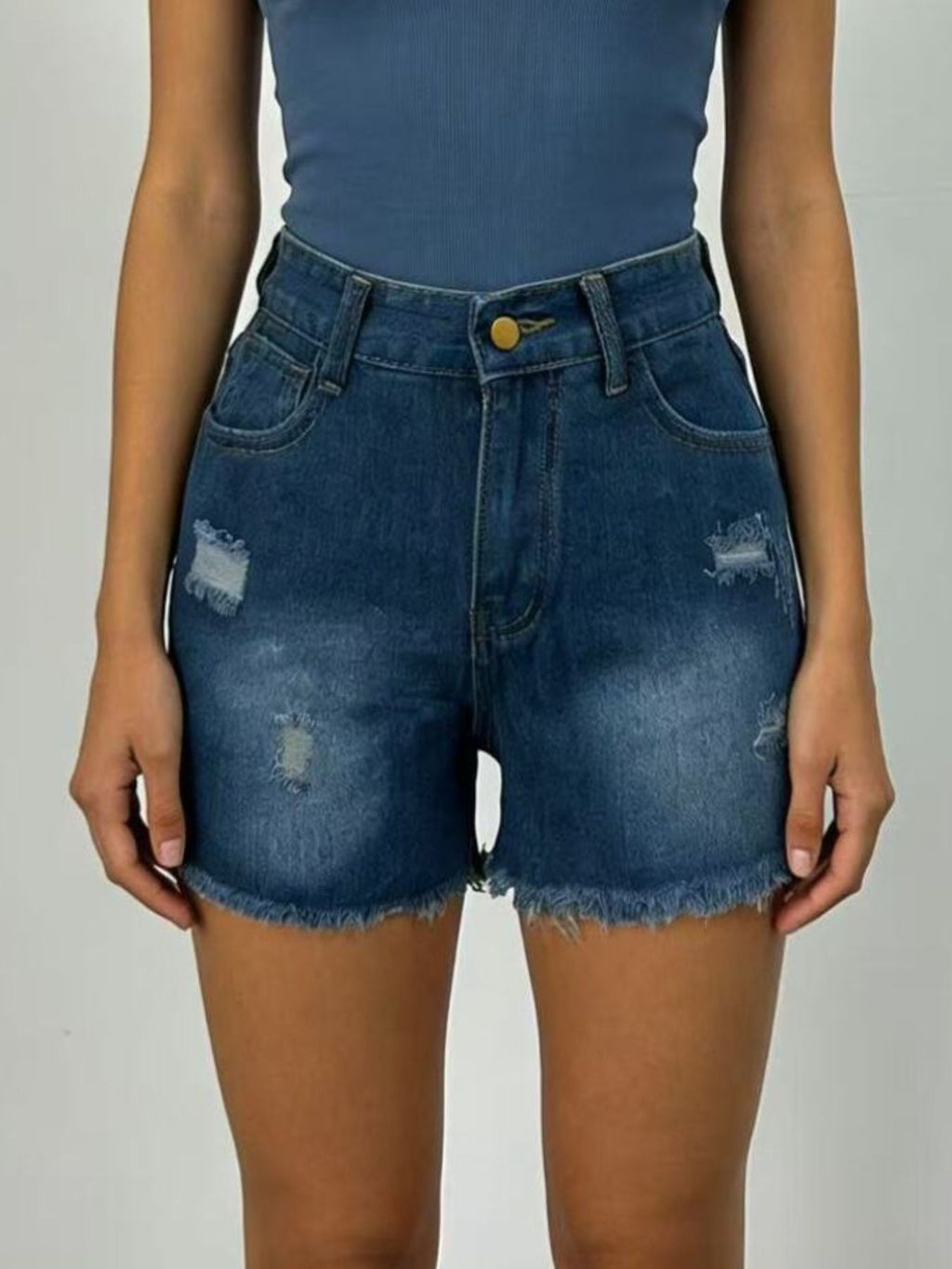 Women's High Rise Distressed Frayed Hem Denim Shorts