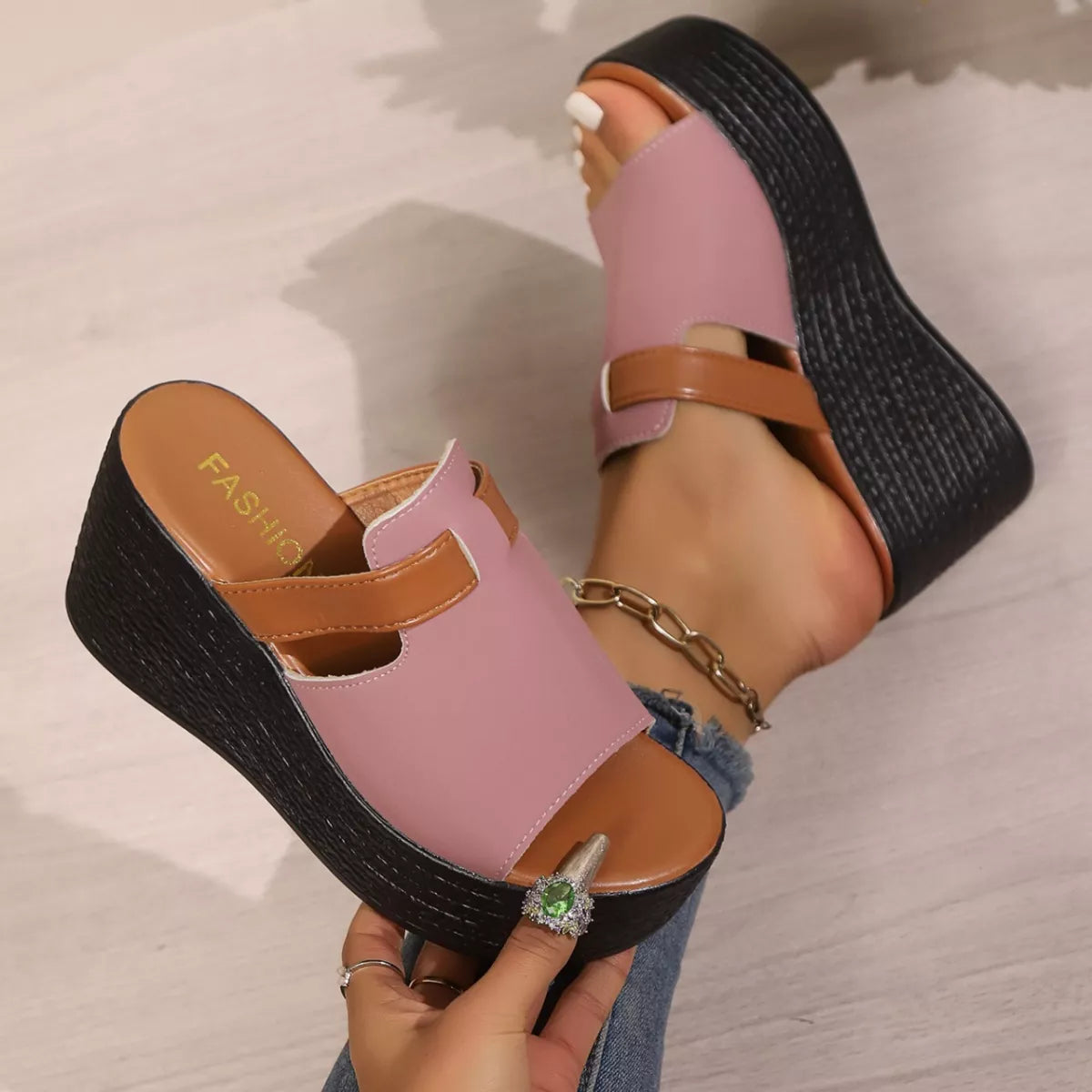 Women's Open Toe Platform Wedge Sandals PU Leather Slide Heels