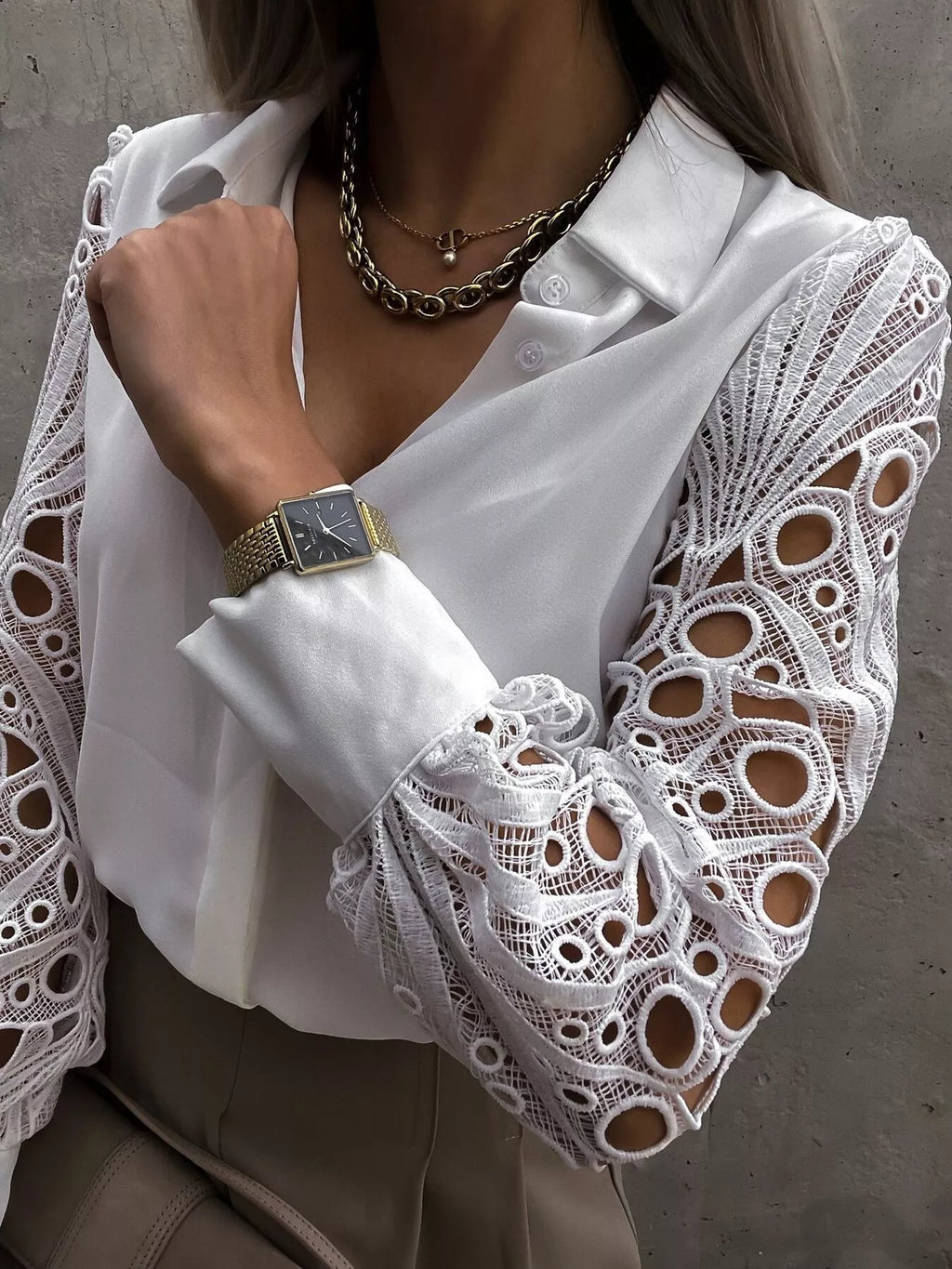 Lace Sleeve Collared Neck Women's Blouse