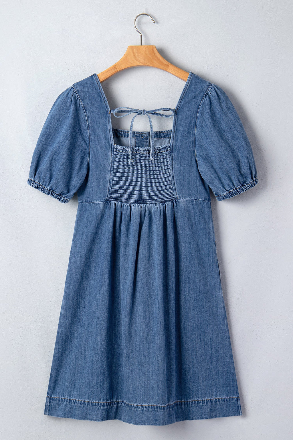Prussian Blue Button Square Neck Short Puff Sleeve Denim Mini Dress