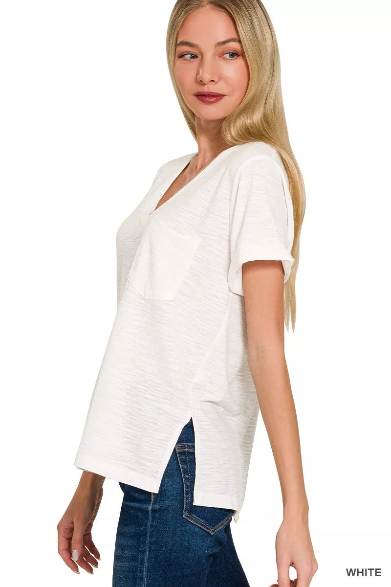 White Slub Rolled Short Sleeve V-Neck Pocket Tee for Women