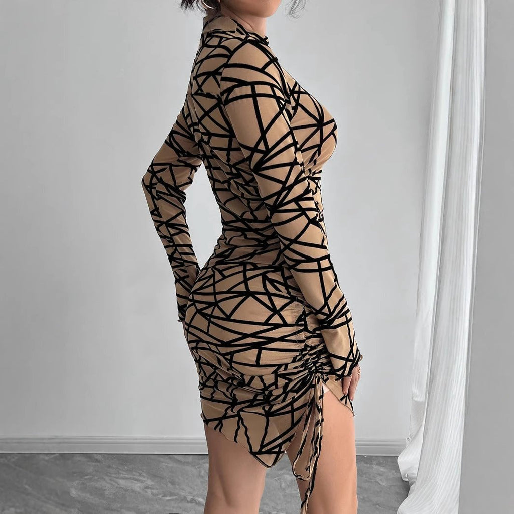 Slim-fit Side Drawstring Stand-up Collar Long-sleeved Irregular Short Dress