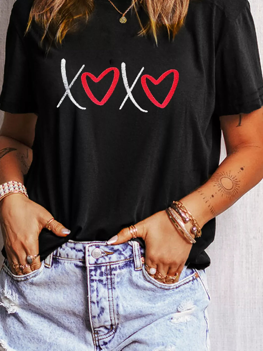 XOXO Valentines Heart Embroidered Casual Tee for Women