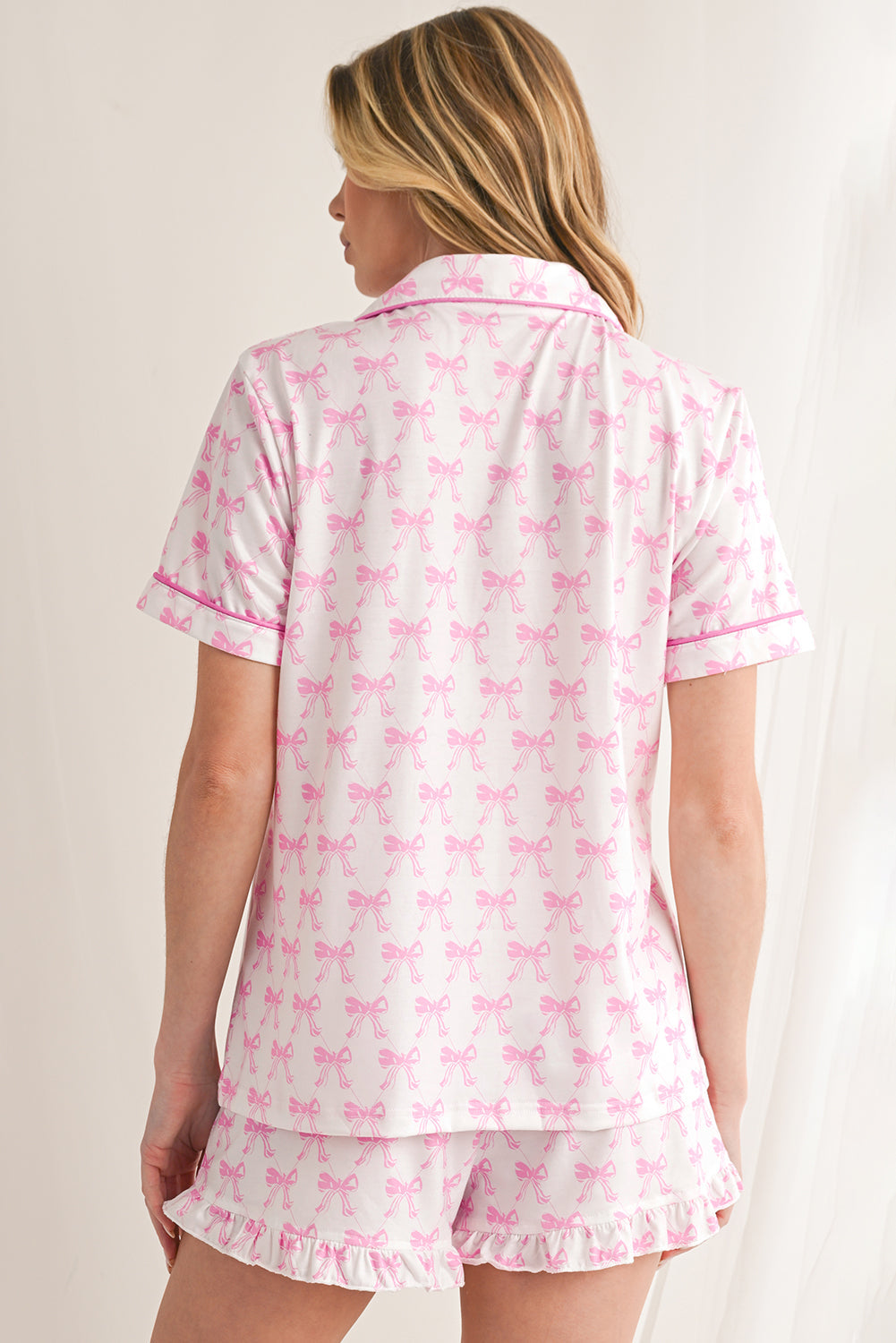 Pink Bowknot Print Ruffle Hem Pajamas