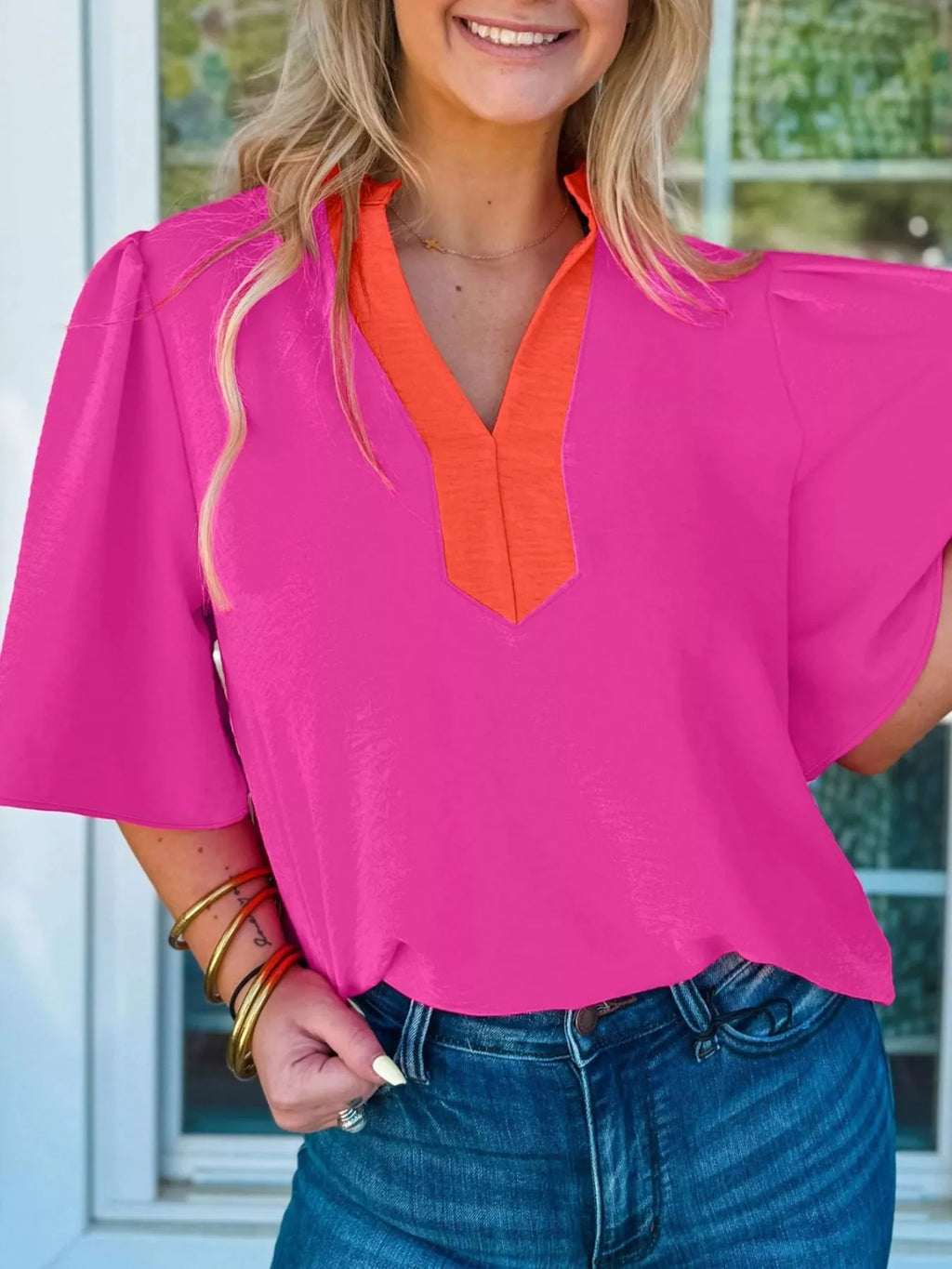 Hot Pink Notched Neck Half Sleeve Blouse with Orange Contrast