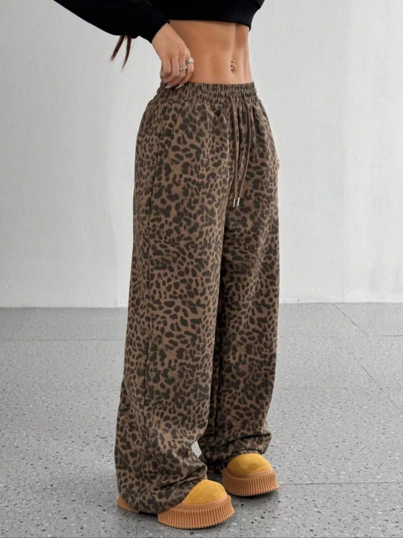 Women's Leopard Print Drawstring Wide Leg Pants Comfy Casual