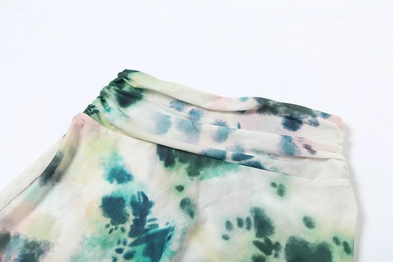 2pcs Tie Dye Printing Deep V-neck Suits Fashion Halter Backless Skirt For Beach Party Womens Clothing