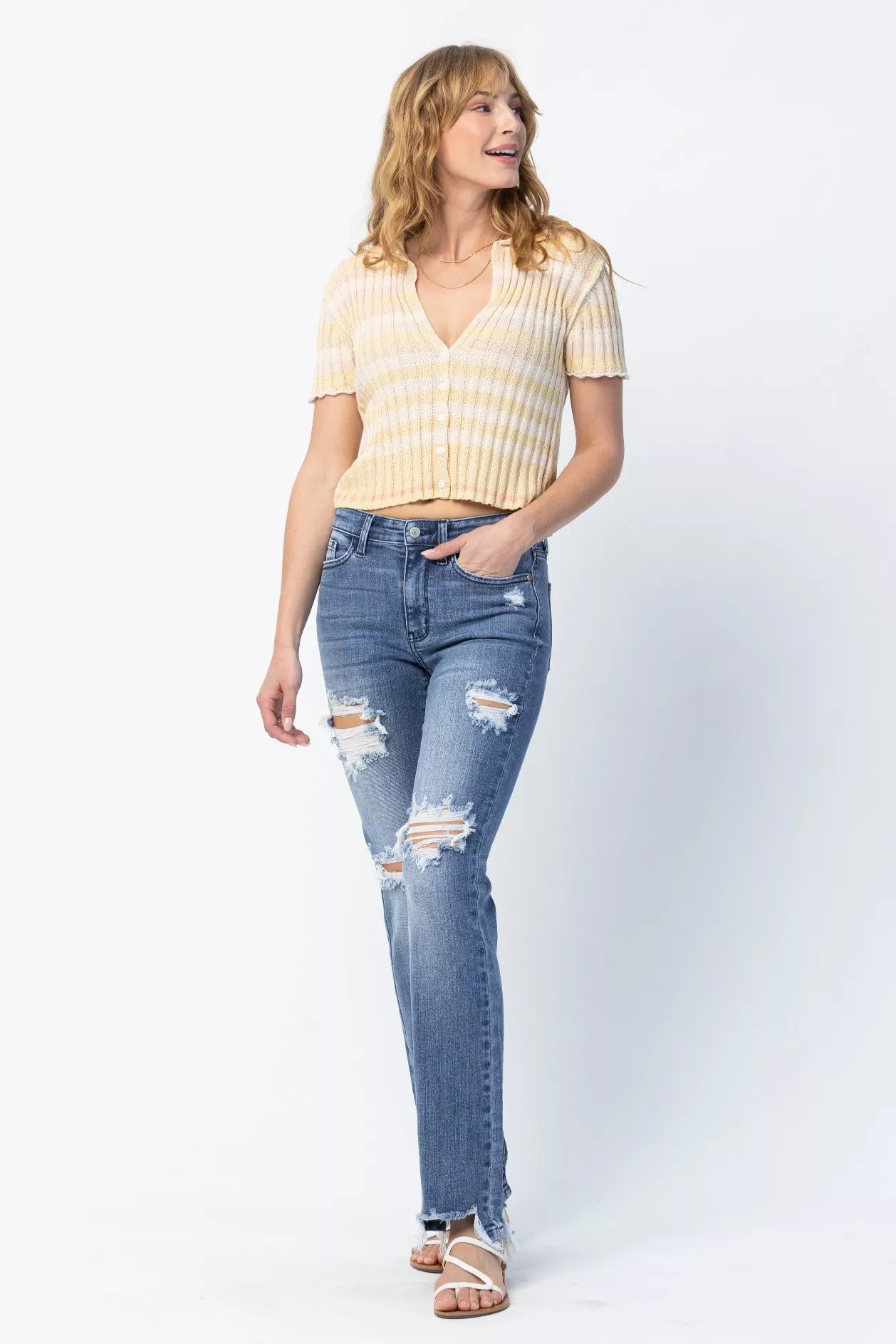 Judy Blue Plus Size Mid Rise Destroyed Straight Jeans Distressed Everyday Look For Women