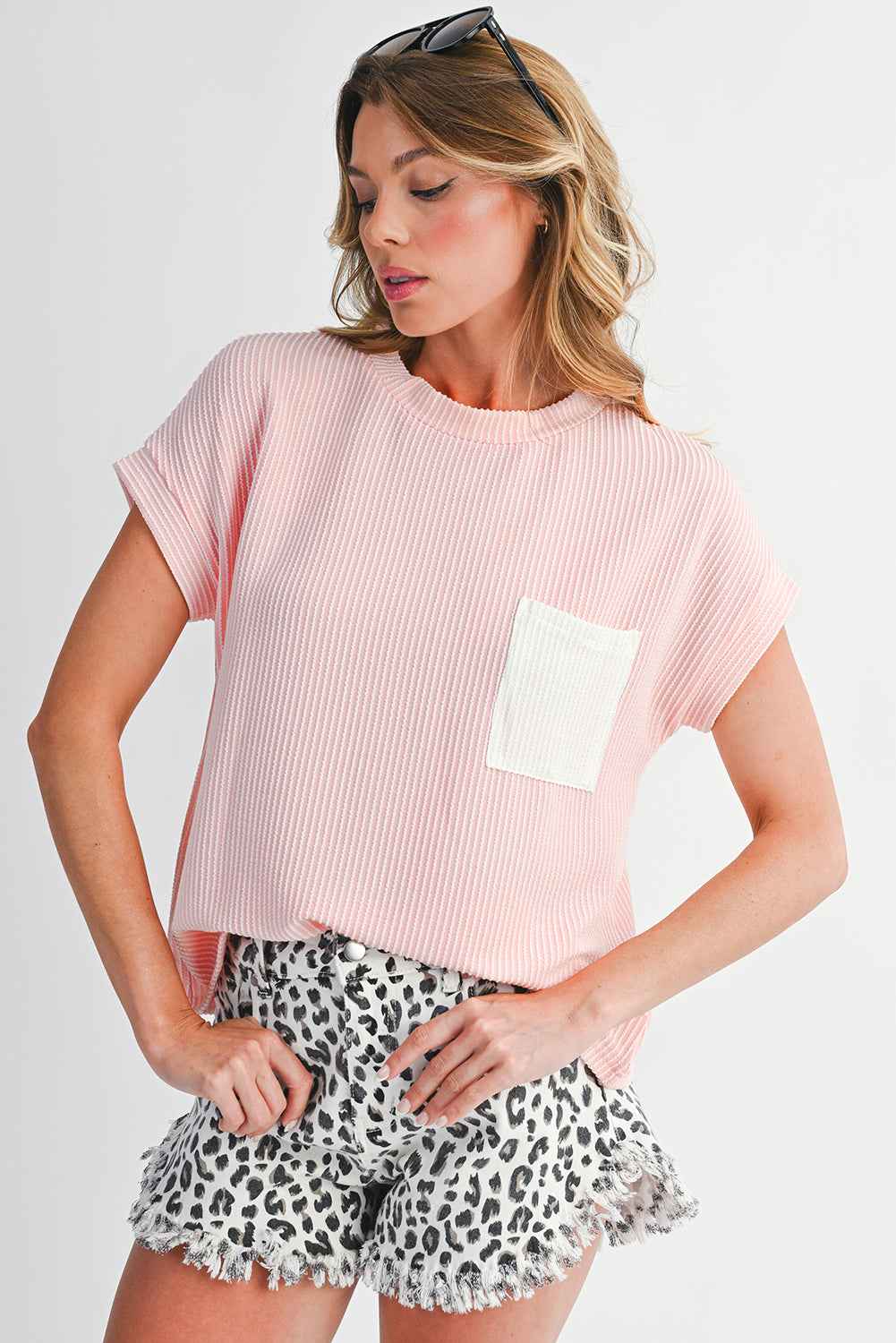 Light Blue Corded Color block Pocket Crew Neck Women's T-Shirt
