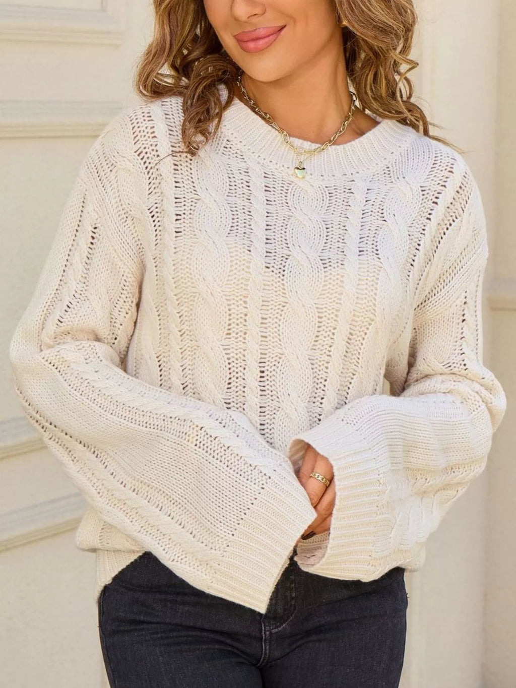 Women's White Cable Knit Long Sleeve Openwork Sweater