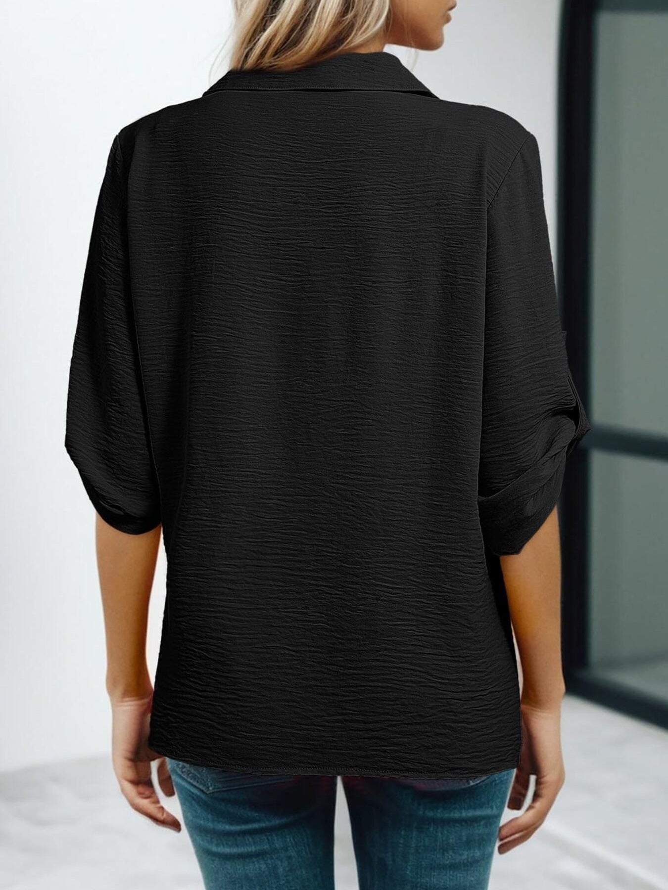 Women Johnny Collar Blouse with Cutout Details and Texture