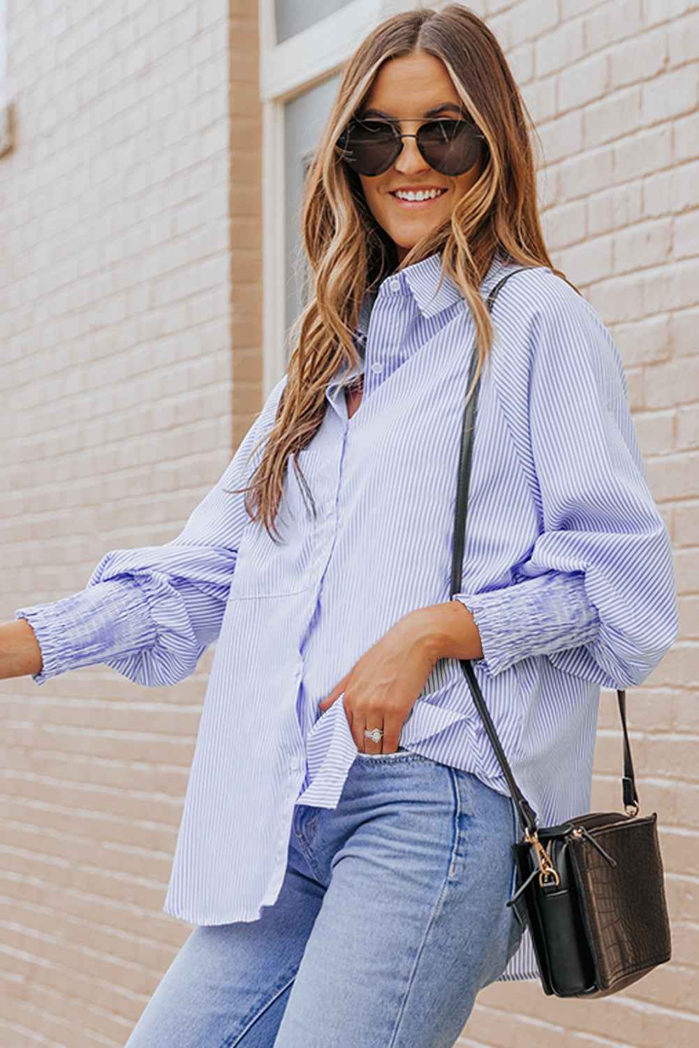 Striped Casual Blouse with Shirred Cuffs