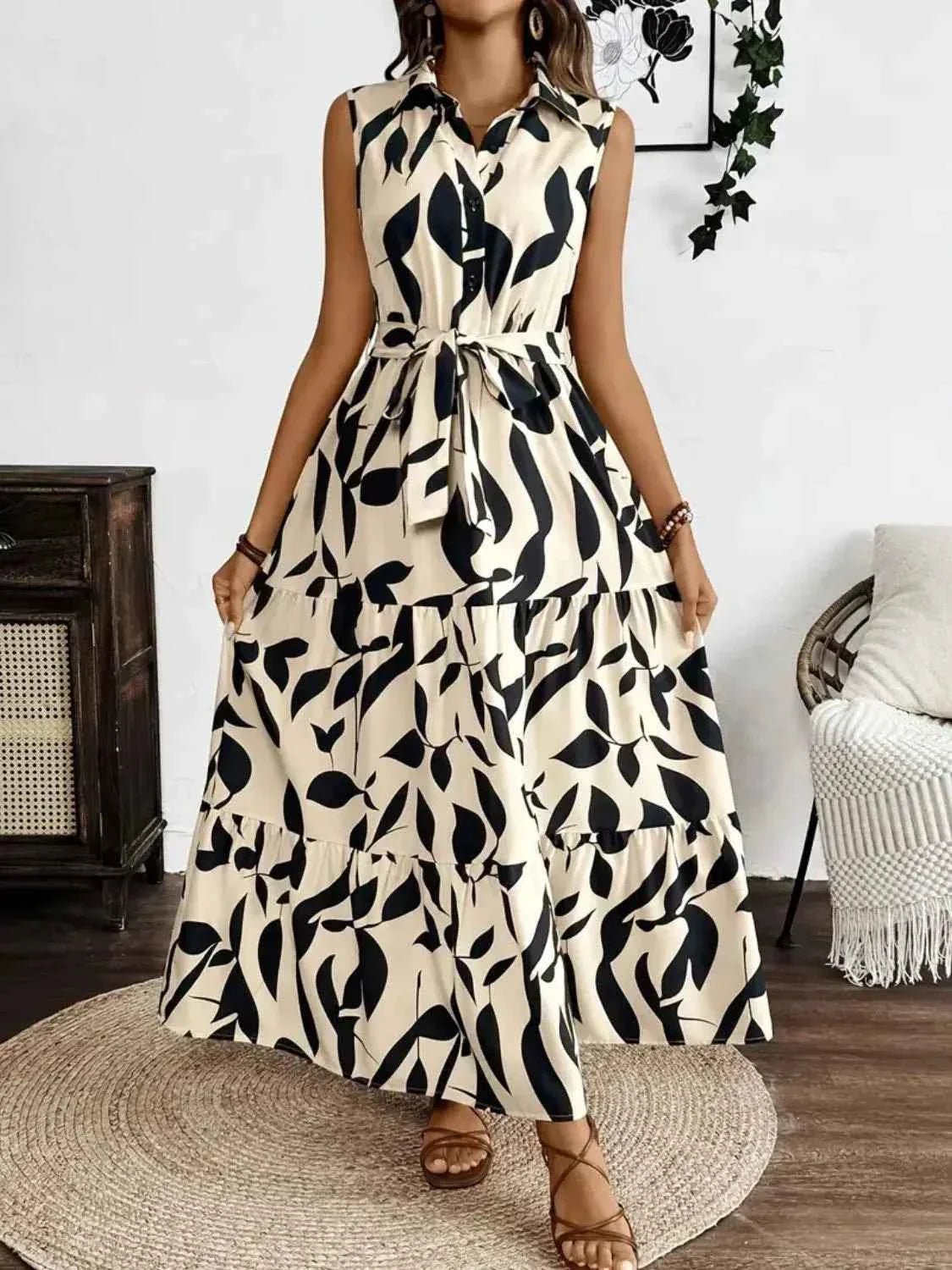 Printed Maxi Dress with Tie Waist - Sleeveless Elegance
