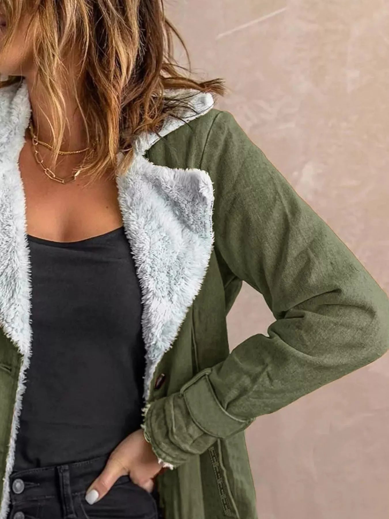 Women's Grey Button Up Jacket with Soft Sherpa Lining