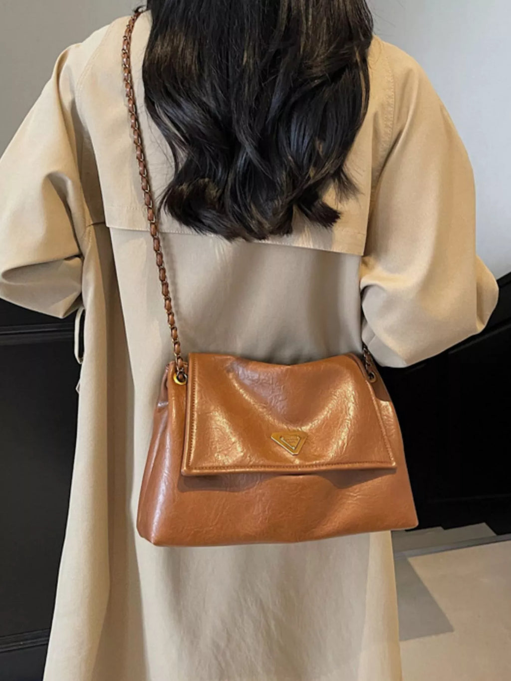 Brown Faux Leather Shoulder Bag with Metal Chain Strap