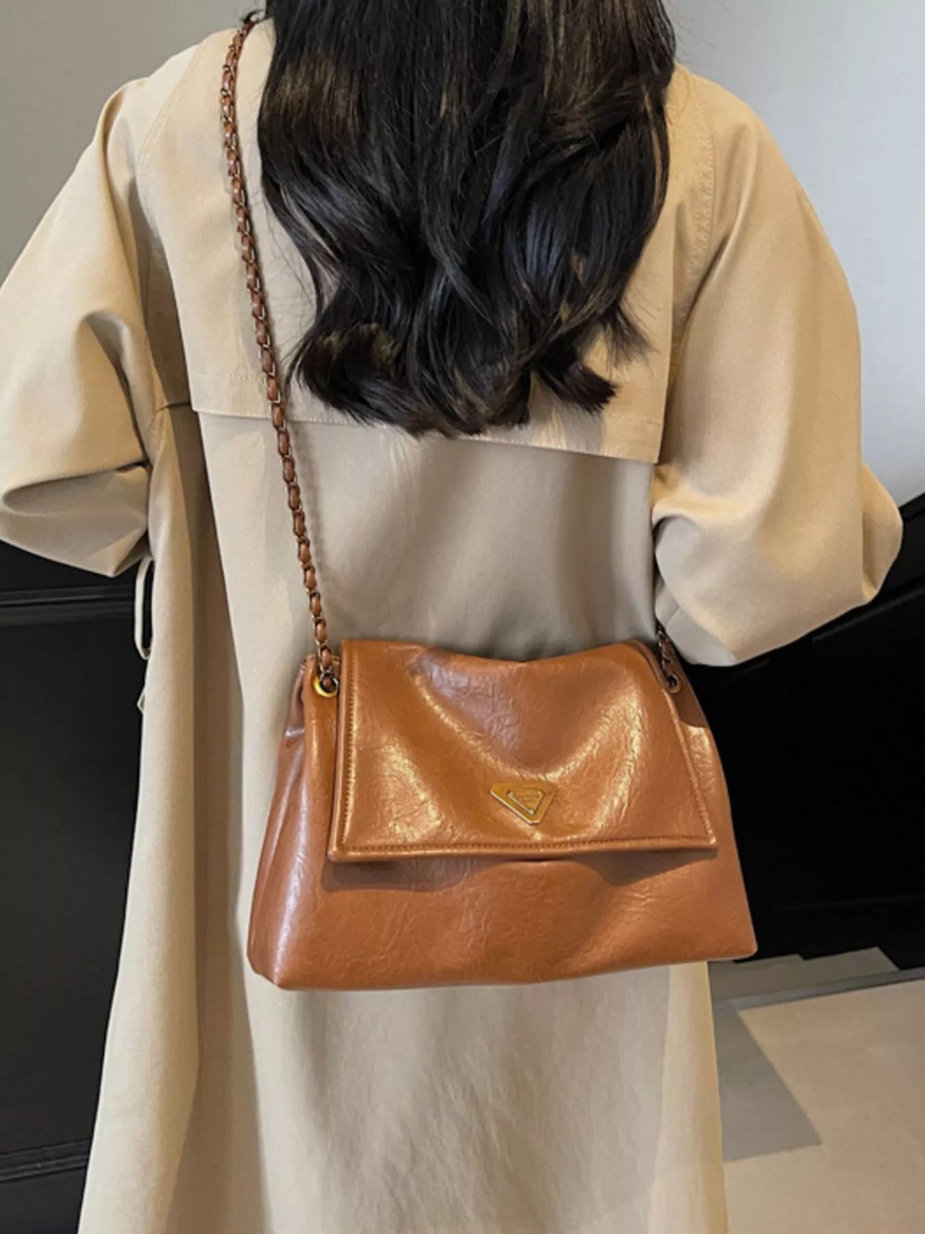 Brown Faux Leather Shoulder Bag with Metal Chain Strap