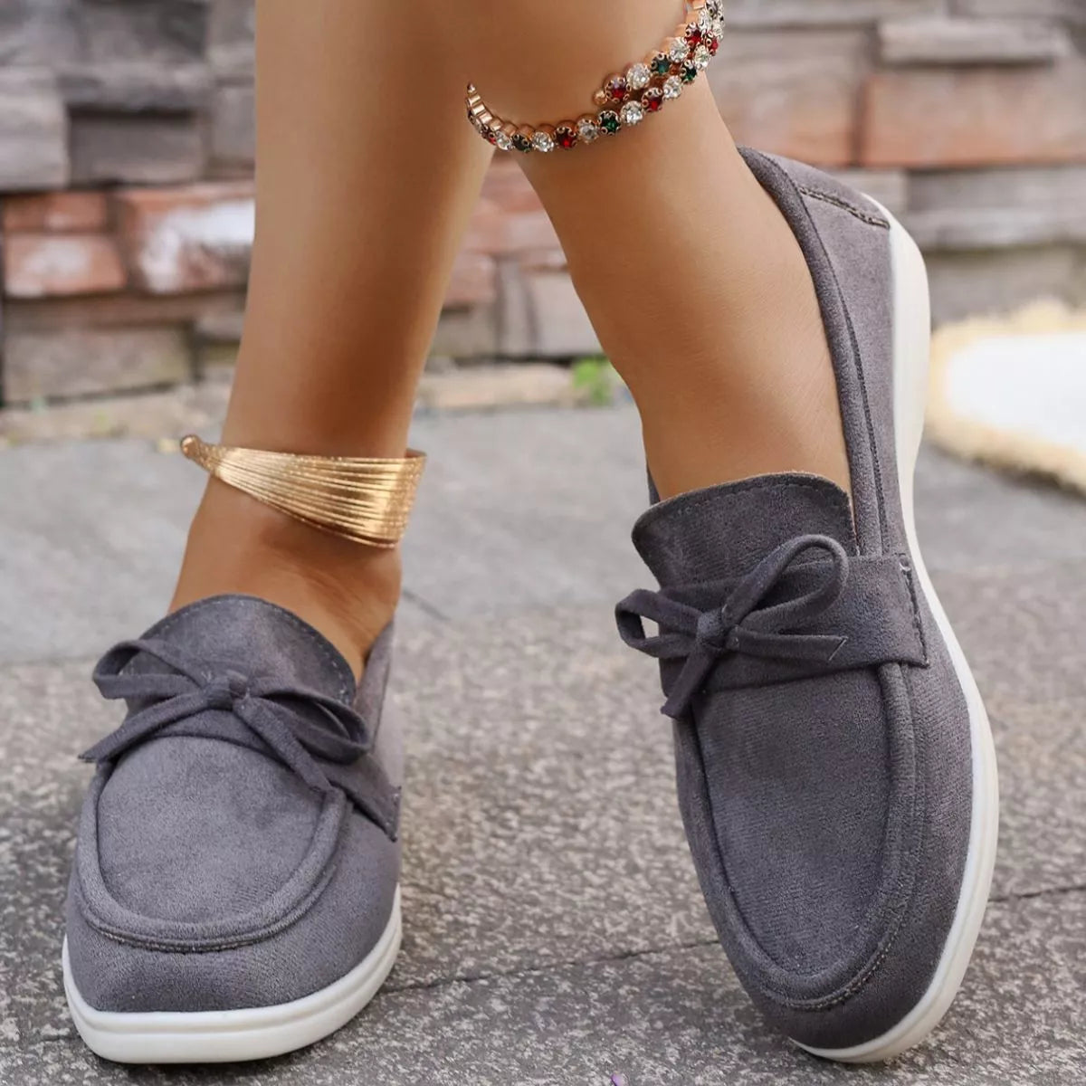 Women's Gray Suede Bow Slip-On Flats Round Toe Casual Shoes