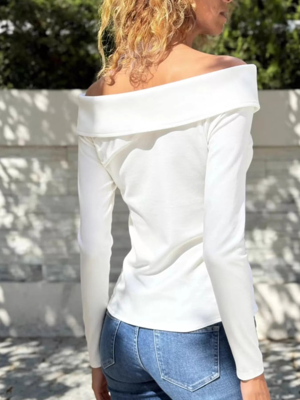Off-Shoulder Long Sleeve Top - Women's Buttoned Blouse