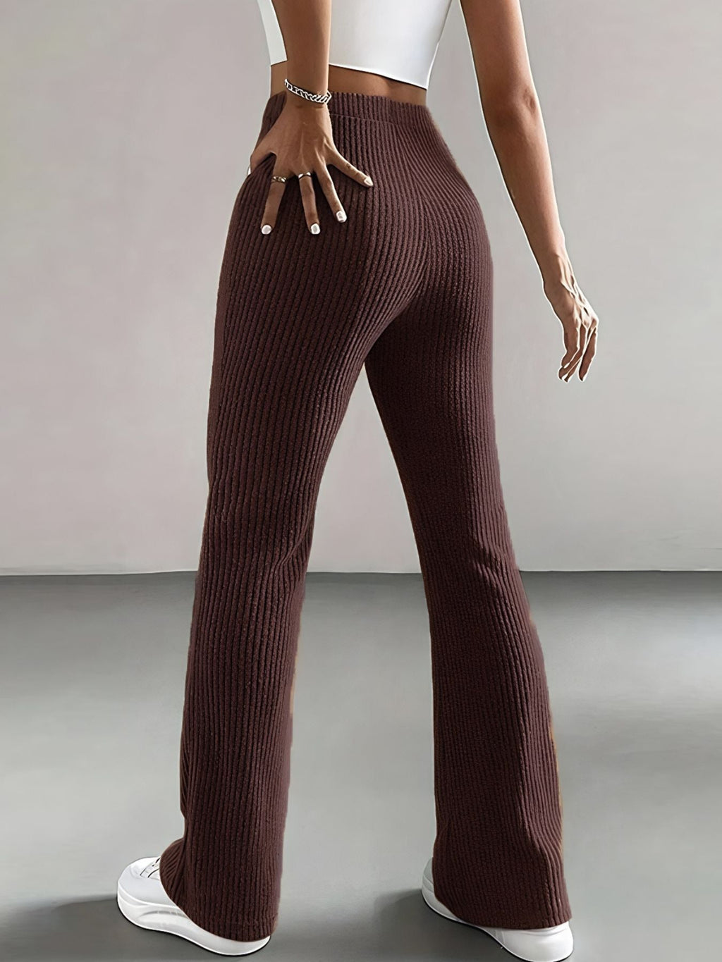 Women's High Waist Ribbed Knit Flare Pants Comfortable Casual