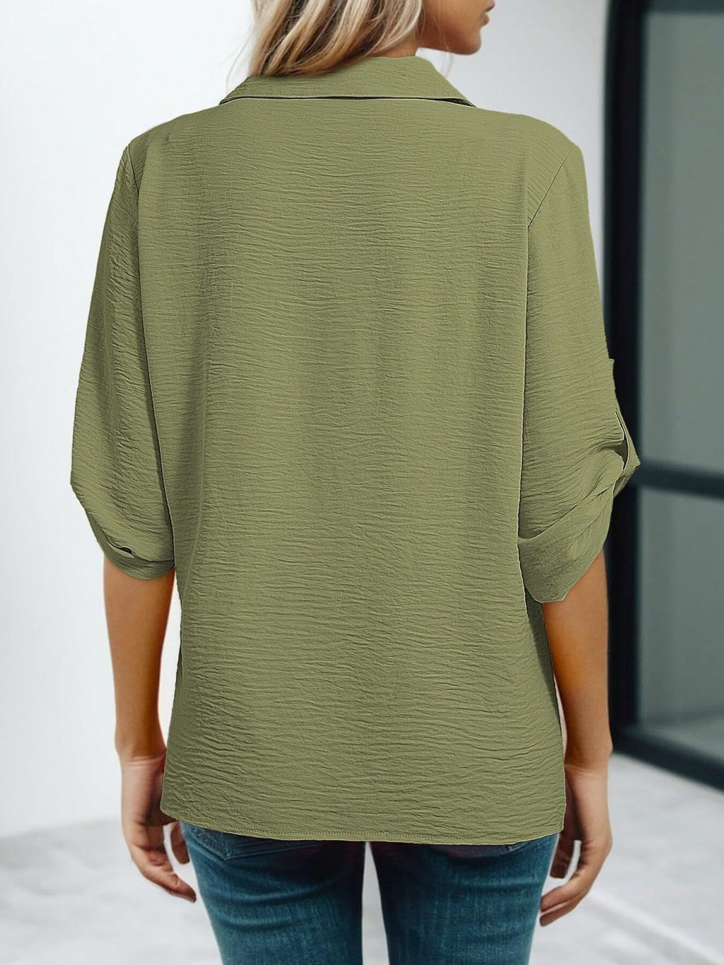Women Johnny Collar Blouse with Cutout Details and Texture